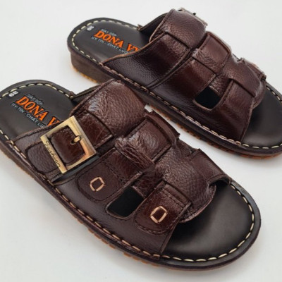 Dép quai ngang nam da bò cao cấp DONAVY, thiết kế kiểu khuy đồng thời trang D3KD