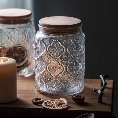 Lọ thủy tinh hoa văn Vintage nắp gỗ