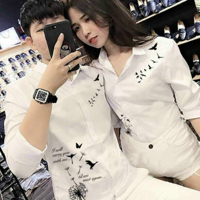 Sơ mi cặp tay dài họa tiết chim và bồ công anh