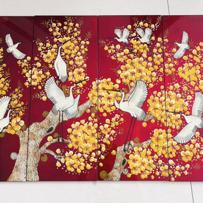 Bộ Tranh sơn mài 4 tấm - HOA ĐÀO & ĐÀN HẠC TIÊN - Size 50x80 cm / 60x120 cm - Ý nghĩa Phong Thủy