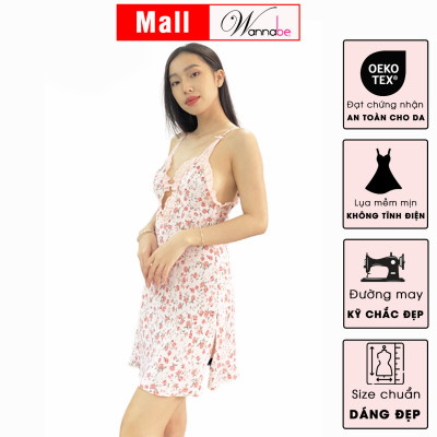 Đầm ngủ lụa mango WANNABE DNS81 váy ngủ 2 dây cổ xẻ sâu, nhúng ren viền quanh cổ, vải hoa nhí màu sắc tươi mát trẻ trung