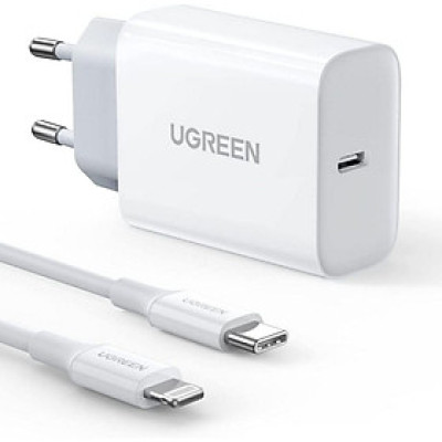 Ugreen UG50698CD137TK 1M PD 20W USB-C 3.0 Màu Trắng Bộ sạc + cáp sạc nhanh Lightning dành cho iPhone 13 12 Pro Max 11 Pro SE 2022 X XS XR 8 Plus - HÀNG CHÍNH HÃNG