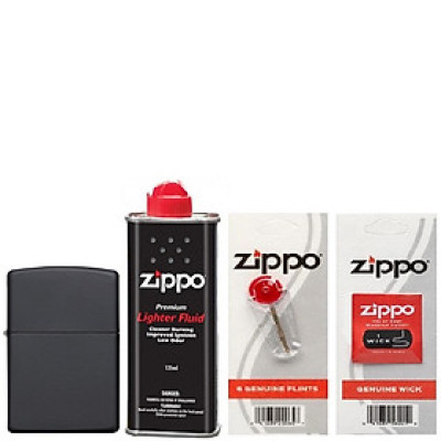 Combo 4 sản phẩm : Bật lửa Zipp Black Matte 218+Xăng+Đá+Bấc