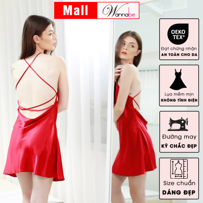 Đầm ngủ phi lụa cao cấp WANNABE DNS32 váy ngủ cổ yếm, hở lưng thắt dây ziczac khoe lưng trần gợi cảm