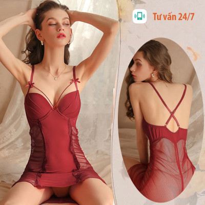Váy ngủ ôm body 2 dây chéo lưng kèm mút ngực sexy P6 - Đầm ngủ xuyên thấu chéo lưng gợi cảm - Đồ ngủ nữ