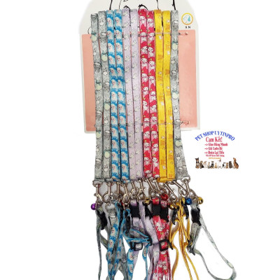 Dây dắt kèm vòng cổ có chuông cho Chó Mèo Dưới 5kg Bản rộng 1cm In họa tiết hoạt hình Chất liệu dù an toàn, Chắc chắn