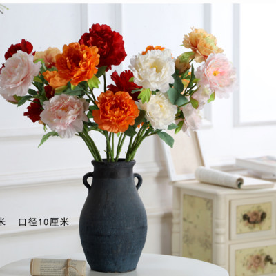 Hoa lụa cao cấp, hoa mẫu đơn giả 2 bông 1 nụ sang trọng trang trí phòng khách, tiền sảnh