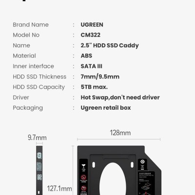 Ugreen UG70657CM322TK 9.5mm caddy bay khay đựng ổ cứng và ssd 2.5inch sata mỏng gắn vào khe cd - dvd của laptop - HÀNG CHÍNH HÃNG