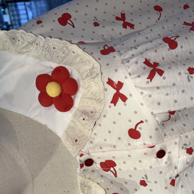 Bộ Đồ Ngủ Cotton Đũi Tay Dài Quần Dài Đính Nơ Thêu Hoa Dễ Thương