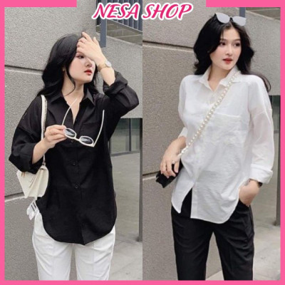 Áo sơ mi nữ form rộng dài tay NeSa Shop, Chất liệu Đũi mềm mịn, thoáng mát, áo kiểu nữ form rộng SMH.038