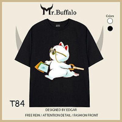 Áo đôi tay lỡ unisex Mèo dễ thương mèo trắng kéo mèo vàng cho cặp đôi Mr.Buffalo