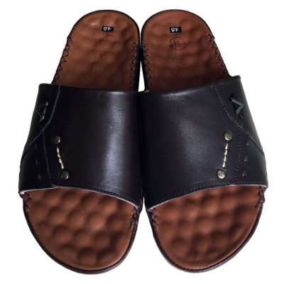 Dép nam quai ngang BIGSIZE Trường Hải da bò thật mềm mại may thủ công chắc chắn tỉ mỉ đế kếp không trơn QNN0119