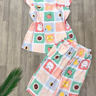 Đồ bộ nữ, đồ ngủ mặc nhà lửng tay cánh tiên vải lanh mềm ,mát BL 183 họa tiết dễ thương size 45-70kg.