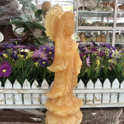 Tượng Phật Bà Quan Thế Âm Bồ Tát có hào quang đứng đài sen đá ngọc hoàng long - Cao 30 cm