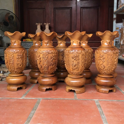 Cặp lục bình trạm khắc tứ quý phong thủy hút tài lộc ,bằng gỗ bách xanh thơm nức kt cao30×10cm
