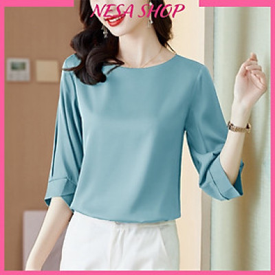 Áo kiểu nữ đẹp tay lỡ cổ tròn NeSa Shop, chất liệu Mango thấm hút mồ hôi, áo nữ đẹp nhiều màu, AKH.57