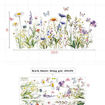 Sticker Giấy Dán Tường Decal Dán tường Tranh Dán Tường Trang Trí Tường Mẫu Cánh Đồng Hoa Bướm ZDB-2720