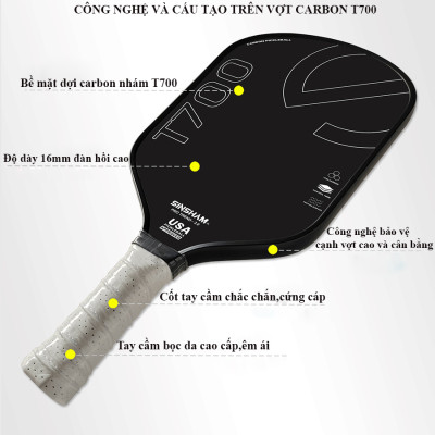 Vợt Pickleball Mặt Nhám Full Cacbon T700 Dày 16mm,Siêu Bền + Tặng Kèm Túi Chống Sốc Và 4 Bóng