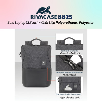 Balo Laptop Rivacase 8825 13.3 inch Chất Liệu Polyurethane , Polyester - Bảo Hành 24 Tháng - Hàng Chính Hãng