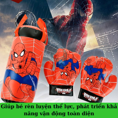 Túi Đấm Bốc Boxing Cho Trẻ Em Hình Người Nhện Đỏ Size Trung 37*18*18 cm, Kèm 2 Găng Tay Cho Bé, Bộ dụng cụ tập Boxing kèm 2 găng tay cho bé- Bộ đấm bốc trẻ em kèm găng tay