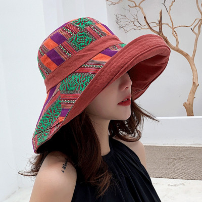 Nón Mũ nữ rộng vành gấp gọn đội 2 mặt chống nắng phối mầu thổ cẩm thời trang Hàn Quốc MRV01