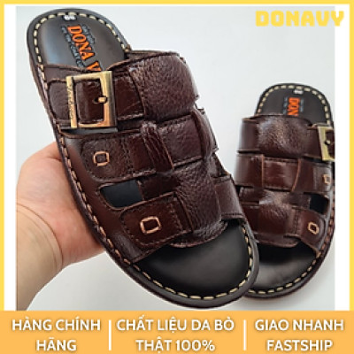 Dép quai ngang nam da bò cao cấp DONAVY, thiết kế kiểu khuy đồng thời trang D3KD