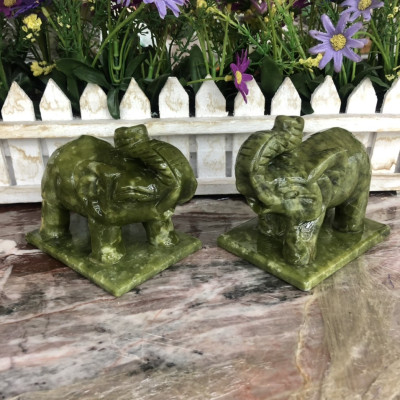 Cặp Voi phong thủy đá ngọc serpentine - Dài 10 cm