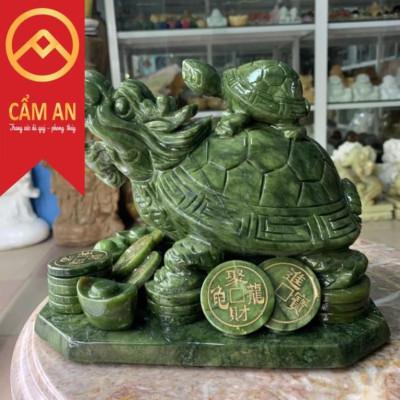 Tượng Long Quy ( Rùa đầu rồng ) cõng con phong thủy đá ngọc Serpentine Ấn độ - Dài 22 cm