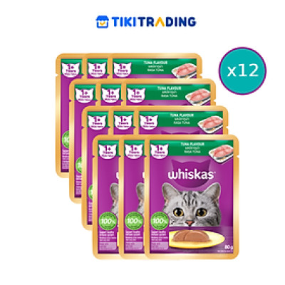 [Combo 12 Gói] Thức Ăn Cho Mèo WHISKAS 1+ years Vị Cá Ngừ 80g/Gói