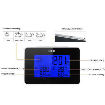Đồng hồ để bàn kỹ thuật số không dây,hiển thị màn hình LCD, Chức năng Dự báo thời tiết, định dạng 12H / 24H