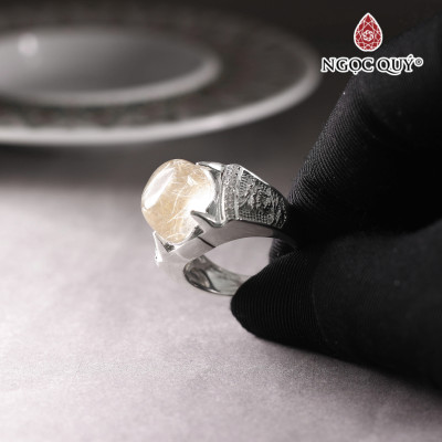 Nhẫn bạc nam mặt đá thạch anh Tóc vàng 14x11mm Ni19 mệnh thủy, kim - Ngọc Quý gemstones
