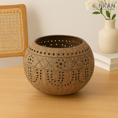 Đèn Gáo Dừa Đựng Nến Tealight Hoa Cúc Handmade Decor Tự Nhiên Trang Trí Spa Cafe ANKAN