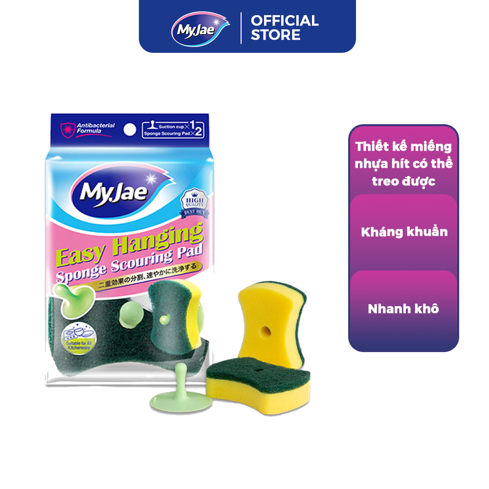 Miếng Bọt Biển Rửa Chén MyJae 2 Mặt, Mút Xốp Rửa Bát Đa Năng Kèm Miếng Nhựa Hít Kê 11.3cm x 7.8cm x 2.7cm (2 Miếng/Gói)