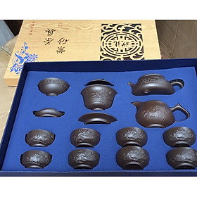 BỘ TRÀ ĐẠO BẰNG SỨ 15 CHI TIẾT MÀU NÂU ĐẤT HOA SEN NỔI - VD167