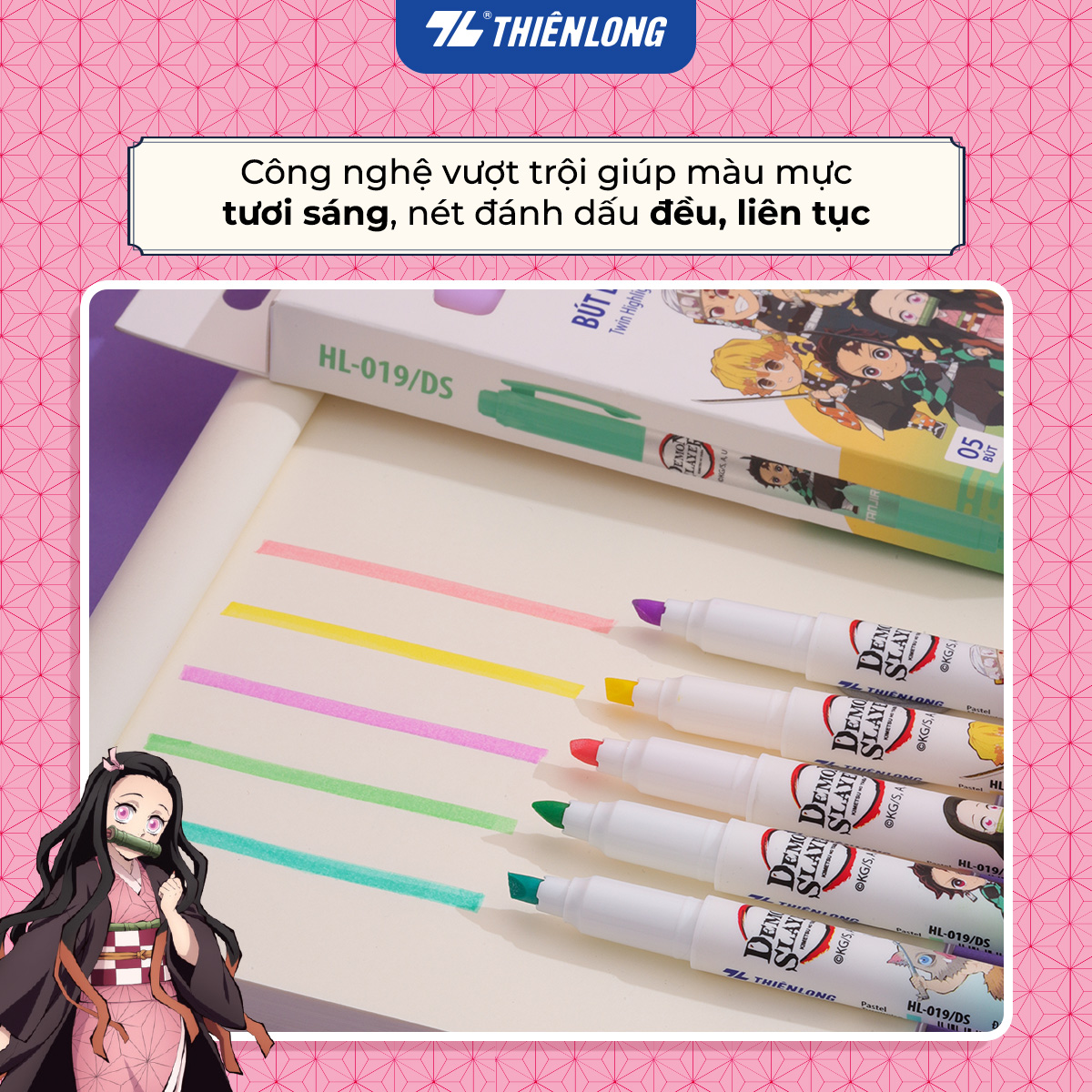 Hộp 5 bút dạ quang màu Pastel Thiên Long HL-019/DS - Phiên bản Demon Slayer