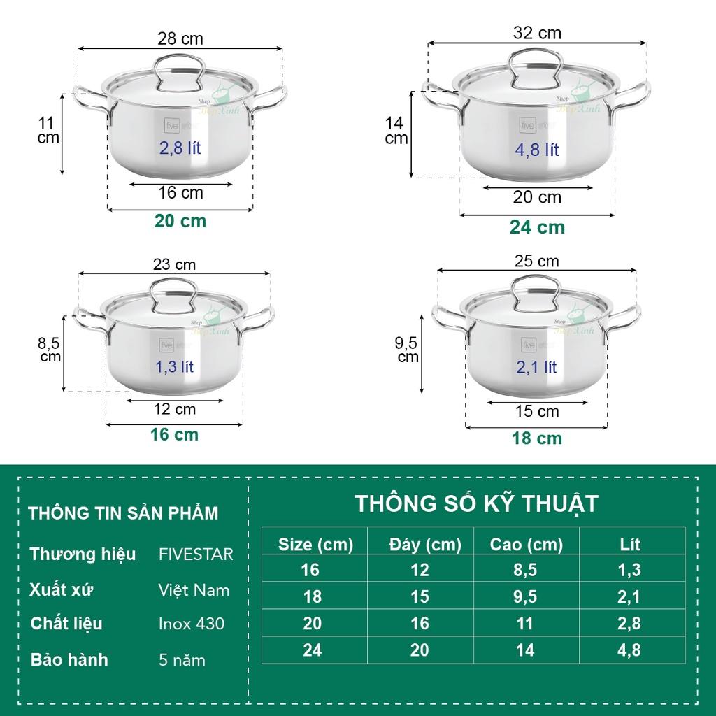 Nồi inox 3 đáy sandwich inox 430 FiveStar Standard bếp từ nắp inox 16cm / 18cm / 20cm / 24cm , tặng 1 vá canh , dùng được mọi bếp