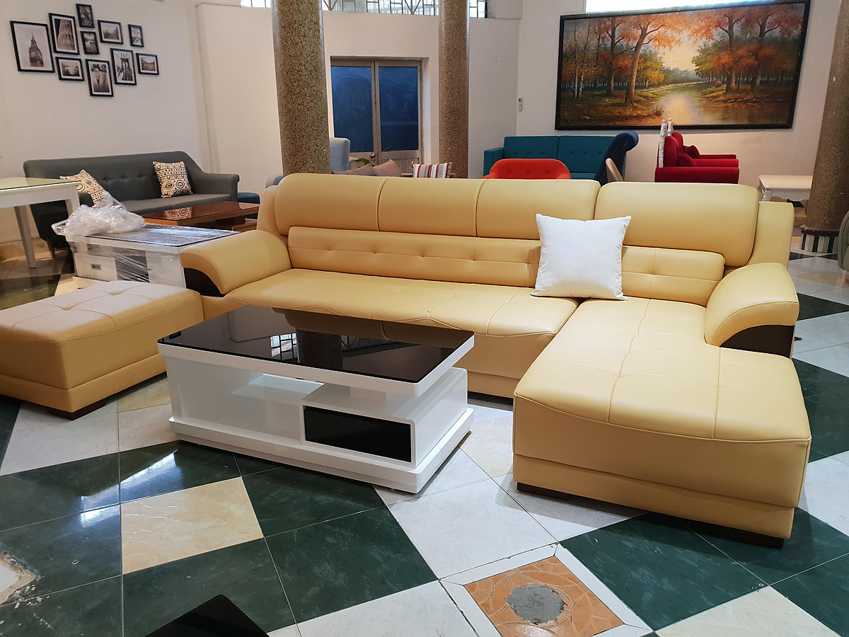 Sofa da góc L Tundo 2m7 x 1m6 màu kem đậm nệm rút