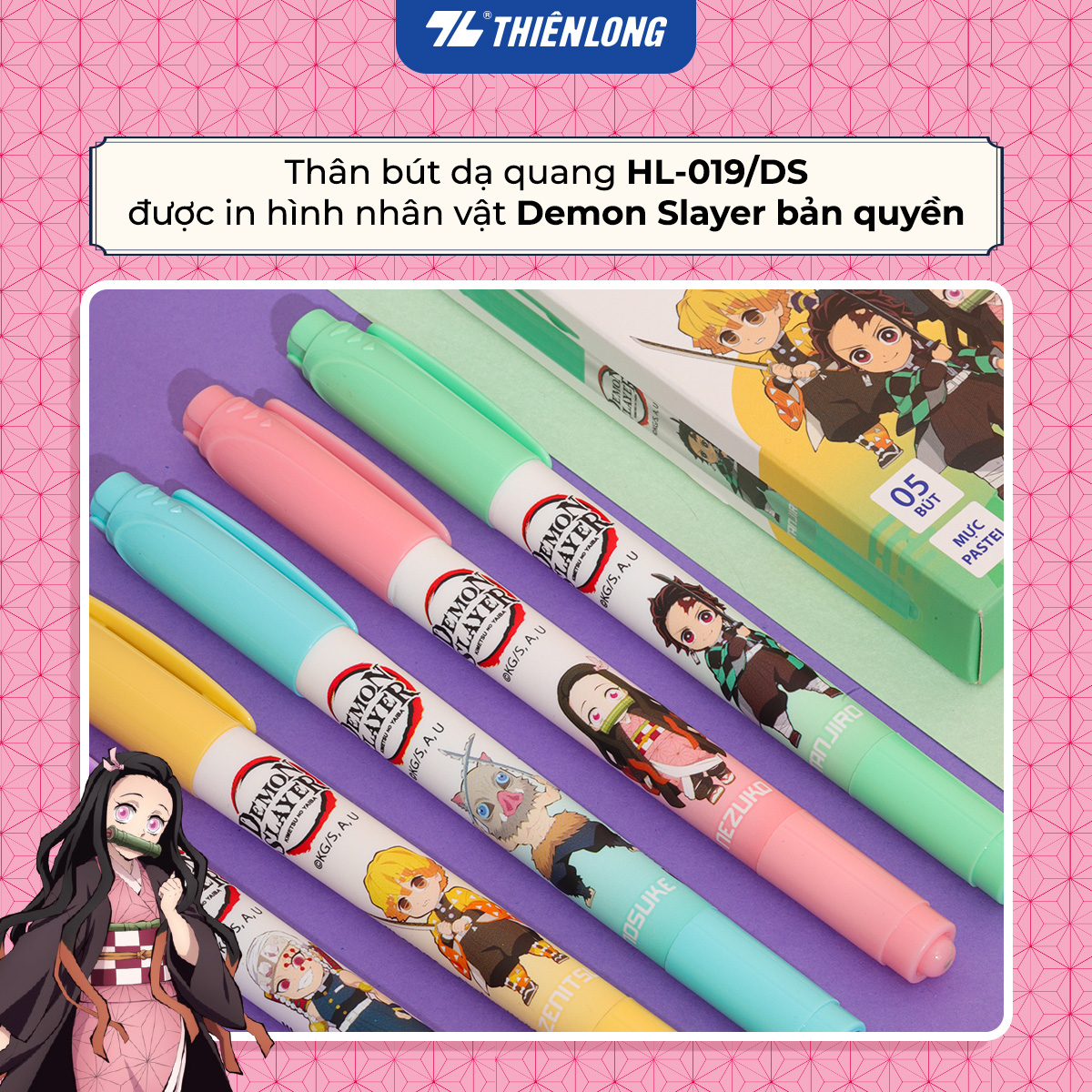 Hộp 5 bút dạ quang màu Pastel Thiên Long HL-019/DS - Phiên bản Demon Slayer