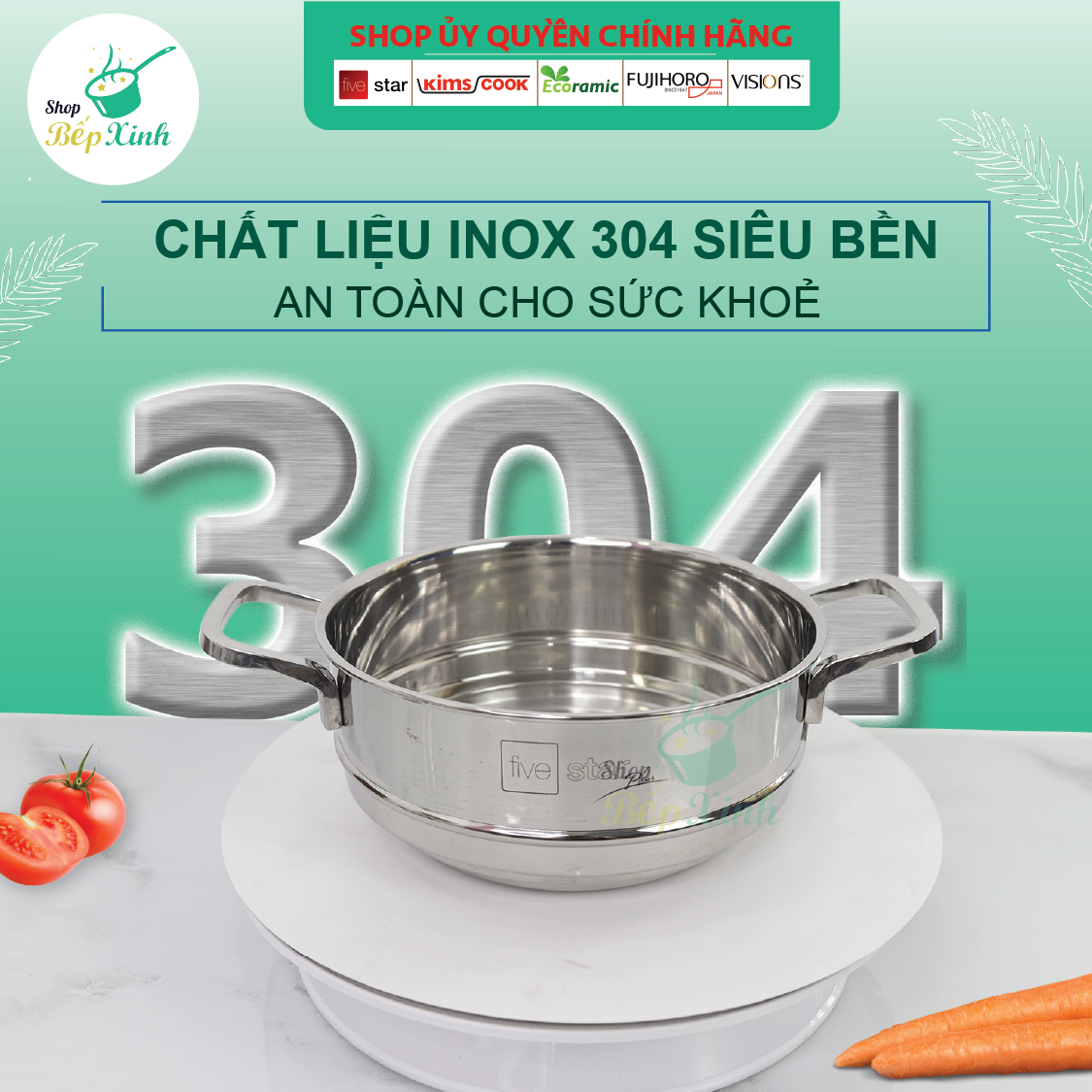 Bộ nồi xửng hấp inox 304 Fivestar Plush 3 đáy bếp từ nắp inox ( 20cm )