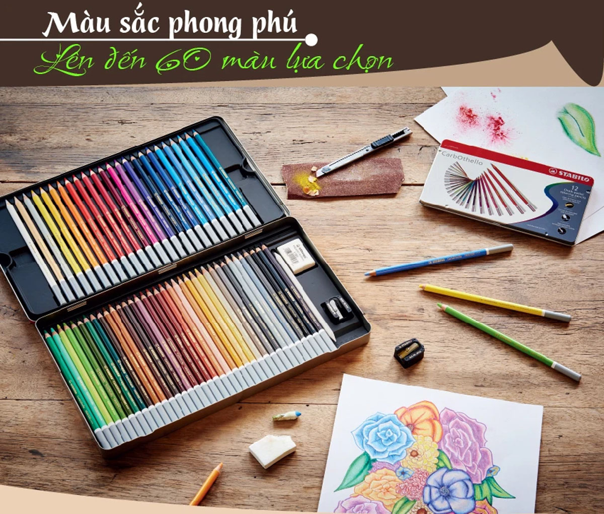 Combo bút chì màu đa năng STABILO Carbothello 24 màu - Hộp thiếc 24 màu + Tuyển tập tô màu SVCB (CLC1424MB)
