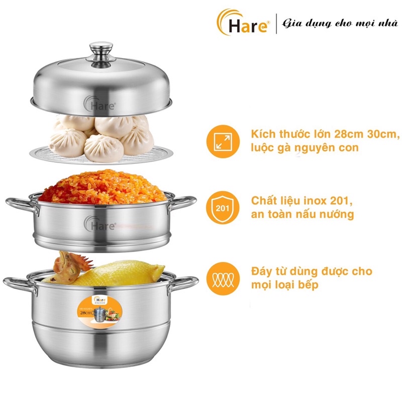 Bộ nồi hấp inox cao cấp đáy từ 3 tầng vung kính - thương hiệu Hare - lỗi 1 đổi 1