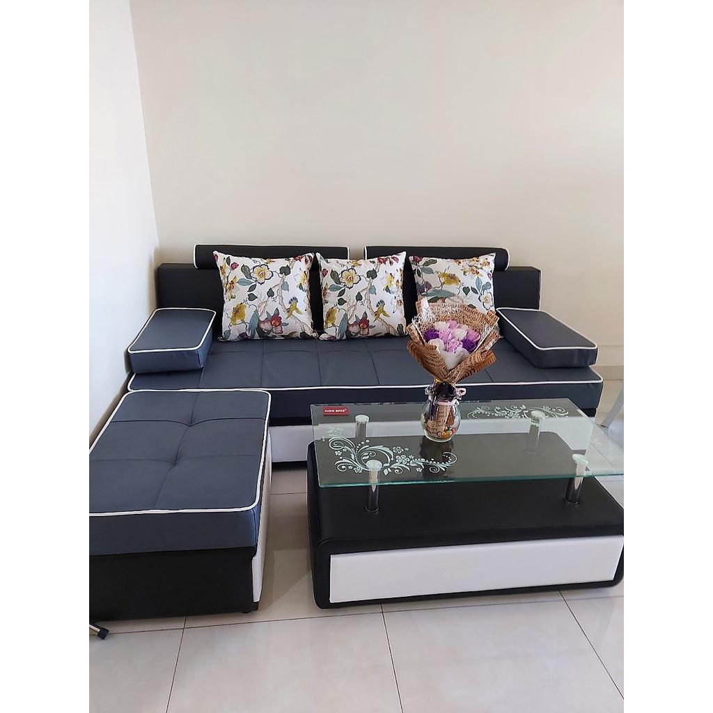 Bộ sofa phòng Khách 2m2 dành cho chung cư Bình Long Sofa bao gồm đủ gối, đôn và bàn trà kính
