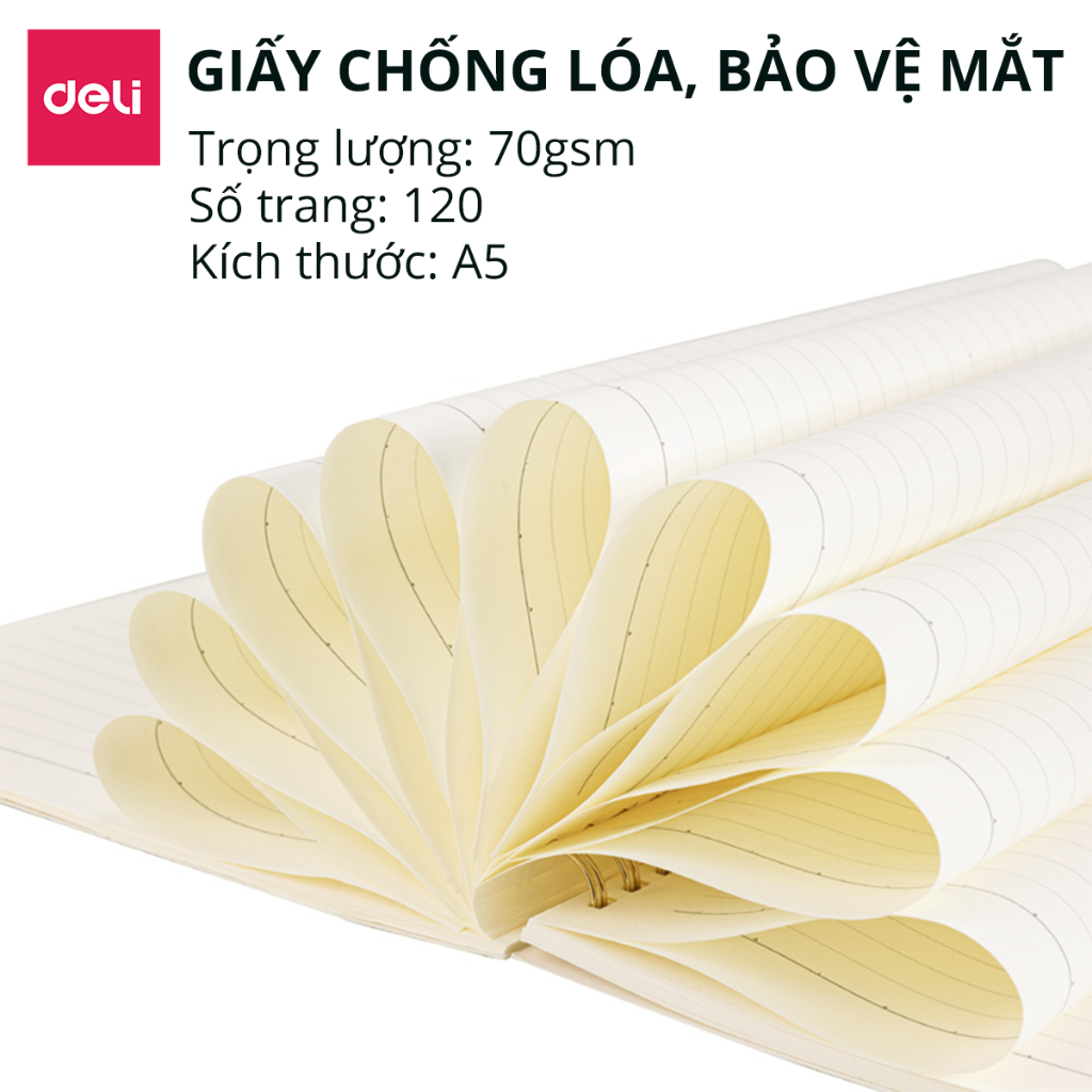 Sổ Lò Xo Kép A5 Deli - Sổ Gáy Xoắn 120 Trang Giấy Kẻ Ngang Chống Lóa - Sổ Tay Tập Vở Học Sinh Ghi Bài Takenote Planner