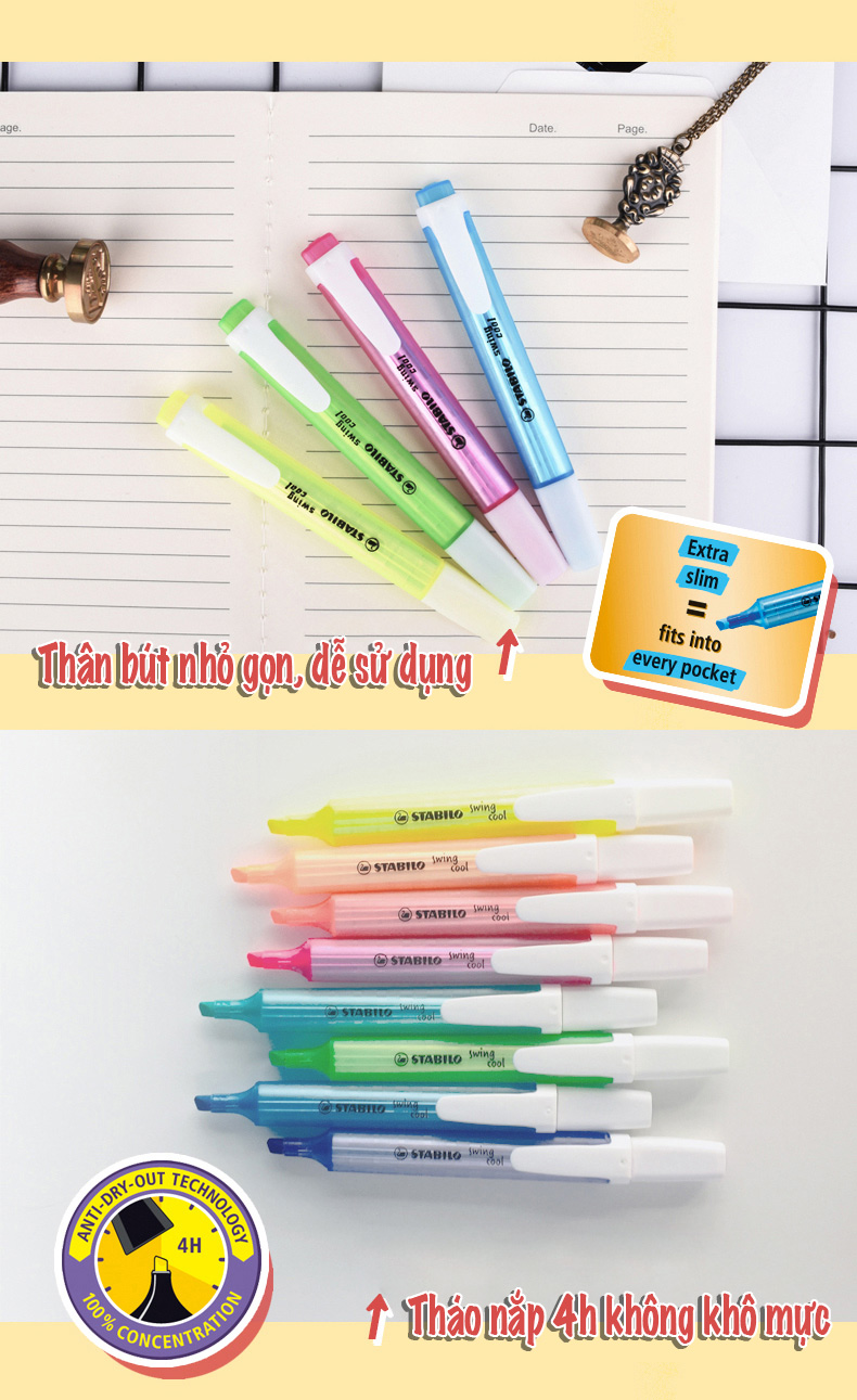 Hộp 10 bút dạ quang STABILO swing cool 275 - Tím phấn (155)