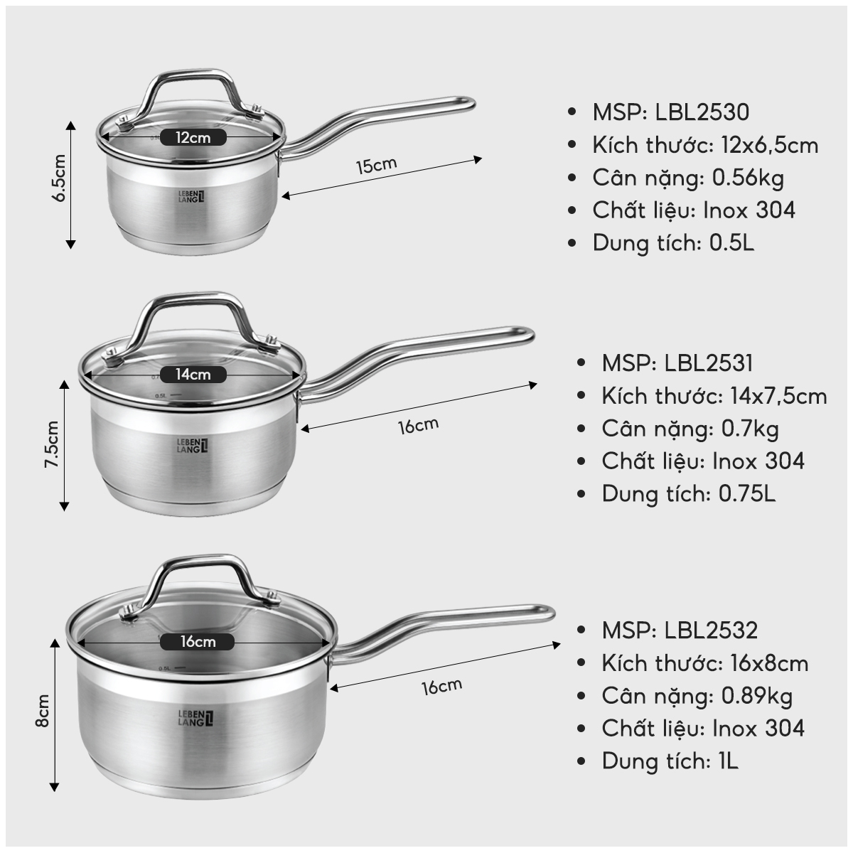 Quánh inox 304 vung kính đáy 3 lớp Lebenlang LBL2530, LBL2531, LBL2532, size 12,14,16, dùng các loại bếp - hàng chính hãng