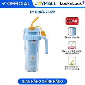 Ly nhựa 2 lớp có tay cầm 890ml LocknLock HAP538, Hàng chính hãng, họa tiết dễ thương, kèm ống hút silicone - JoyMall
