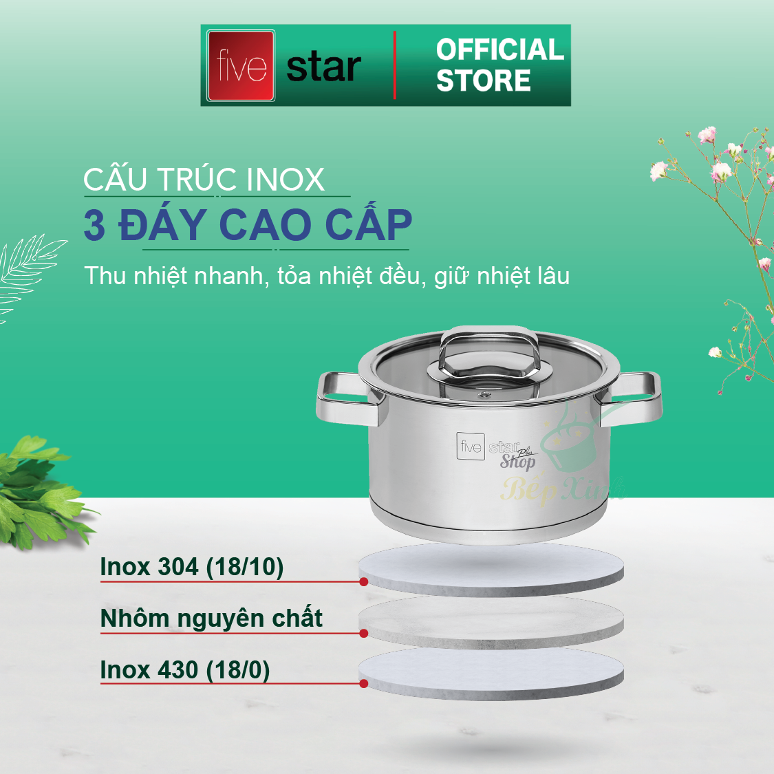 Combo Bộ nồi inox 304 và xửng hấp cao cấp Fivestar Plus 5 món nắp kính ( 1nồi 16cm x1nồi 18cm x1nồi 20cm x1nồi 24cm x 1thân xửng 24cm) , tặng 1 vá canh