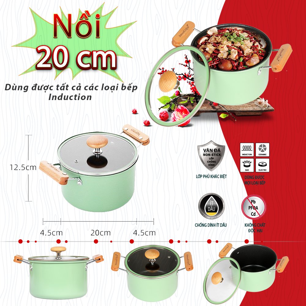 Bộ nồi chảo 2 món SL2, quánh 16cm + nồi 20cm + chảo vuông 15x20cm đáy từ/ Induction Seoulcook Hàn Quốc, dùng được tất cả các loại bếp – Hàng chính hãng
