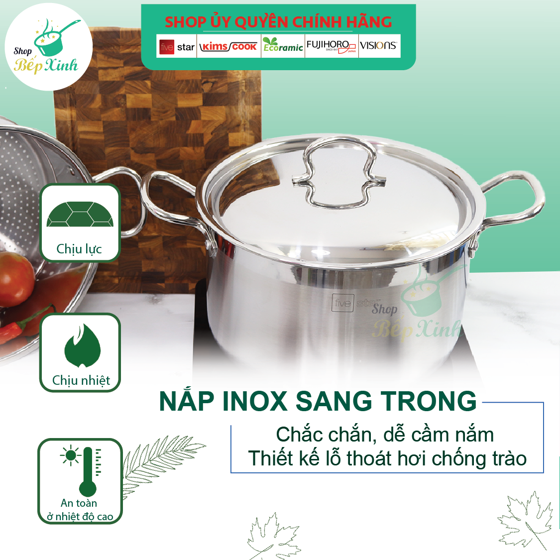 Bộ nồi xửng hấp inox 430 Fivestar standard nắp inox ( 28cm ),tặng 5 muỗng ăn ,3 đáy bếp từ , gas, hồng ngoại