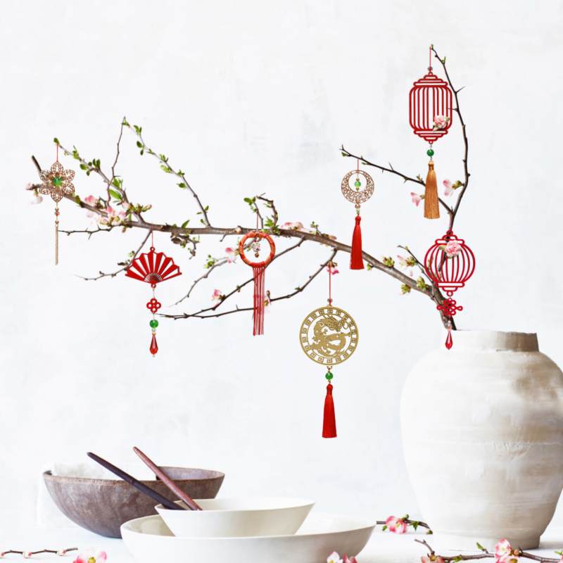 Bộ 12 dây phụ kiện handmade treo Tết trang trí cây mai đào, mix màu vàng đỏ MIX12